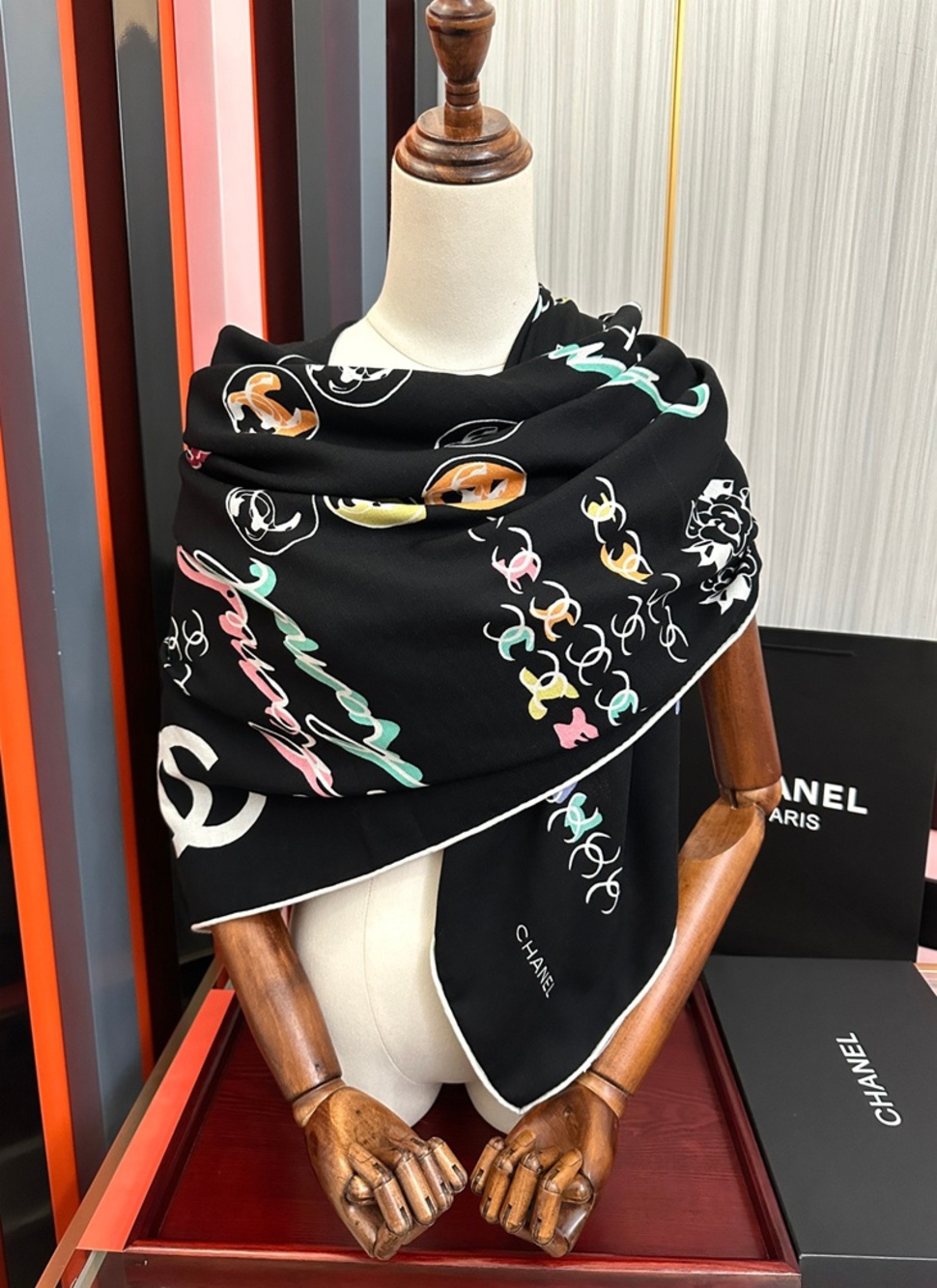 Chanel Graffiti‑Style CC Logo Print Large Square Scarf Black Multi‑Tone